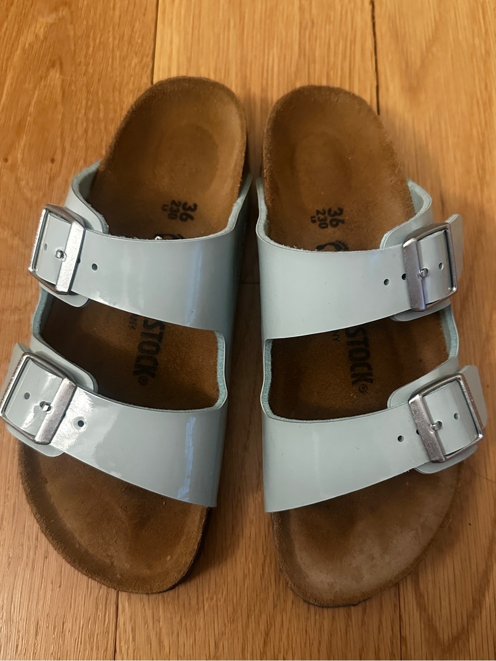 Birkenstock Arizona Two-Strap Birko-Flor Patent Leather Seafoam EU 36/US 5.5